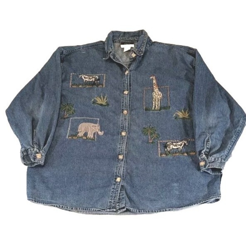 Embroidered Denim Shirt Women's 2X Button Up Savanna Animals Zebra Elephant